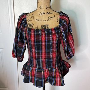 Draper James RSVP Plaid Smocked Peplum Top-Size XL